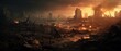 Post-apocalyptic cityscape: A view of the destroyed buildings, burning rubble, and polluted environment in a dystopian world