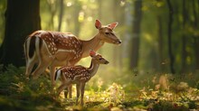 Whitetail Mom Fawns And Little Fawn In A Dark Forest