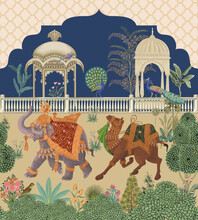 Traditional Islamic Mughal Garden, Elephant, Camel Caravan, Peacock, Arch Vector Illustration