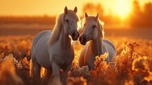 Two Horses At Sunrise, Tenderness. Generative AI.