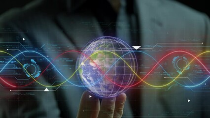 Businessman showing spinning planet earth with HUD futuristic frame on transparent background. Sphere globe cyber futuristic and technology concept. 4k video text motion graphic animation.