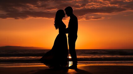 Wall Mural - Silhouette of a loving couple holding hands on a sandy beach at sunset with colorful sky and ocean waves