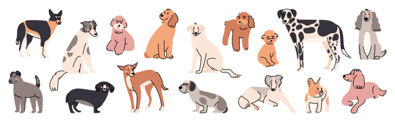 Wall Mural - Set of cute dogs clipart vector. Lovely dog and friendly puppy doodle pattern in different poses and breeds with flat color. Adorable funny pet and many characters hand drawn collection.