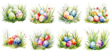Set Of Watercolor Easter Bunny And Eggs, PNG, Generated Ai