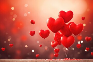 A beautiful assortment of vivid red hearts suspended in midair, creating a mesmerizing and romantic scene, Elegant red love hearts surrounded by colorful Valentine's balloons, AI Generated