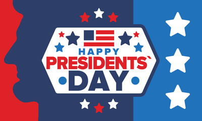 Happy Presidents day in United States. Washington's Birthday. Federal holiday in America. Celebrated in February. Patriotic american elements. Poster, banner and background. Vector illustration