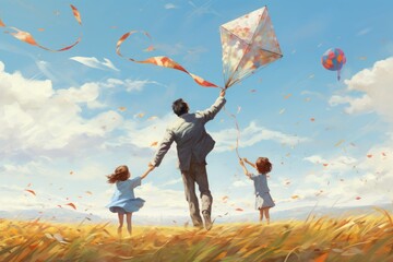 A vibrant painting capturing the joy of a man and two children flying a colorful kite in a sunny outdoor scene, Father and children flying kites on a windy day, AI Generated