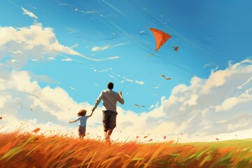 A father and son happily fly a kite in a scenic field, embracing the joy of spending quality time together, Father and children flying kites on a windy day, AI Generated