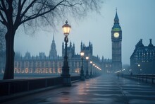 The Iconic Big Ben Clock Tower Dominates The London City Skyline With Its Majestic Presence, Foggy Morning In London With The Iconic Big Ben In Background, AI Generated