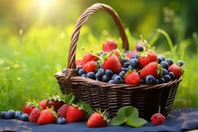 A picturesque scene of a basket filled with strawberries and blueberries resting on a cozy blanket outdoors, Fresh organic berries in a basket on the grass, AI Generated