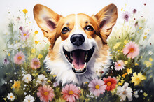Art Corgi In Flowers. Mother's Day Card. Postcard For March 8. Dog Photo Session