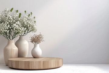 Wall Mural - Vase and flowers wooden podium, Generative Ai