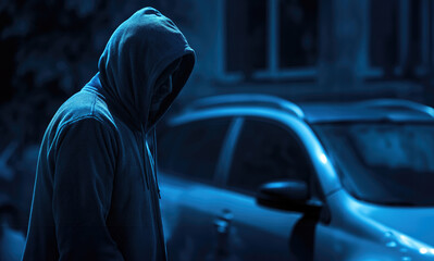 Wall Mural - Man tries to steal car at night, car theft car theft carjacking