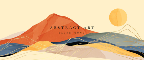 Wall Mural - abstract mountain and golden line arts background vector. watercolor oriental style, landscape, hill