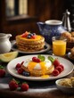 Michelin starred breakfast in premium restaurant and hotel with studio lighting & background, cinematic