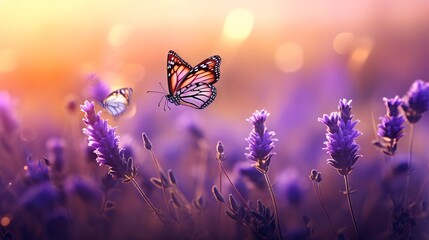 Wall Mural - Lavender field with butterfly in summer sunset, panorama blur background