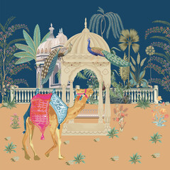 Wall Mural -  Indian Mughal camel garden vector pattern illustration
