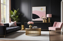 Stylish Fashionable Classic Interior In Black And Pink Tones, Round Table With Gold Base, Sofa And Armchair, Vase With Flowers On The Table, Large Painting
