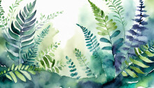 Watercolor Art Painting: Mysterious Greenery With Ferns Breezily At Midday