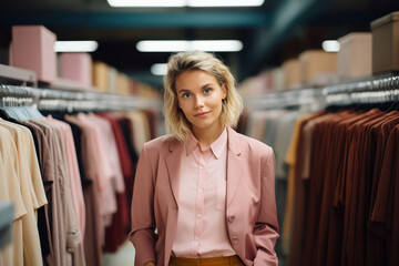 Wall Mural - Stylish Young Woman Shopping for Fashionable Clothes in a Colorful and Modern Women's Clothing Store