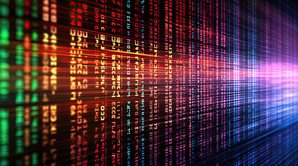 A close-up of a digital matrix with glowing pink and blue code symbols, reflecting the concept of data encryption.