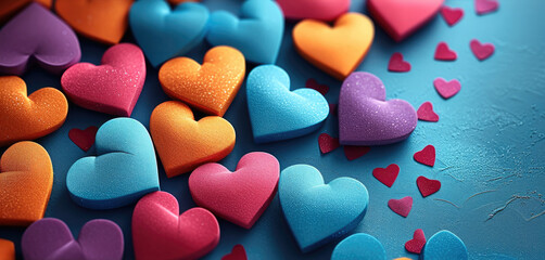 Poster - Festive background with colorful hearts. Generative AI.