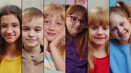 Wall Mural - Collage of smiling happy people children portraits diverse gender. Boy girls kids at home smiling friendly glad expression looking dreaming resting, relaxation feel satisfied, good news, celebrate win