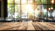 © Nia™ - Photo empty wood table top and blur glass window interior restaurant banner mock up abstract background - can used for display or montage your products - generative ai