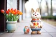 ceramic bunny with an array of tulips on a porch