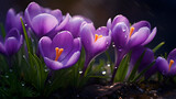 Fototapeta Kwiaty - Bright cute lilac spring crocuses in the mountains