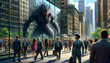 A crowded city street scene bustling with activity. Among the people, a shape-shifter walks, appearing as an ordinary Caucasian man in a grey suit to a monster.