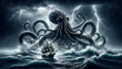 Photo of a colossal kraken rising from the tumultuous, dark waters of a stormy sea, its massive tentacles wrapping around a struggling pirate ship.