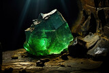 Photo of a natural emerald still embedded in rock, found in a mine, with subtle lighting