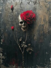 Wall Mural - A broken heart adorned with skulls and blossoming flowers in ancient insomnia paintings. Perfect for t-shirt designs, printing media, and wall art