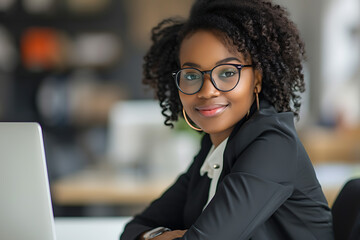 Wall Mural - Corporate Radiance, Happy African American Businesswoman at Work