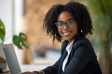 Wall Mural - Corporate Radiance, Happy African American Businesswoman at Work