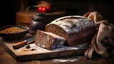 Fototapeta  - Freshly baked rye bread sliced and presented on a dark rustic background