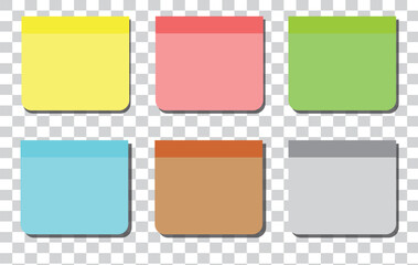 6 Sticky notes. Wall post pin note set vector illustration, colorful blank paper stickers pushing on transparency background.