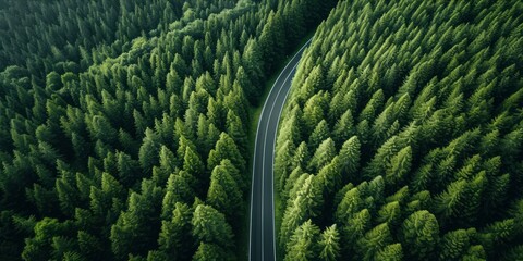 Wall Mural - Aerial view of a road cutting through a dense forest