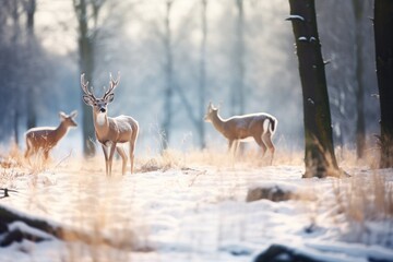 Canvas Print - wild deer grazing in a snowdusted forest clearing