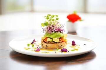 Sticker - veggie burger with avocado and sprouts on a white plate