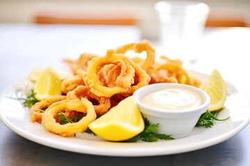 Wall Mural - fried calamari rings on white plate with lemon slice and aioli