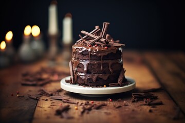 Canvas Print - frosted chocolate cake with chocolate curls, soft focus