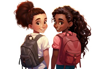 Two girls with backpacks on a white background. Vector illustration.