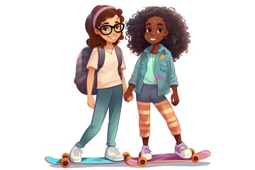 Two girls in casual clothes riding skateboards. Vector cartoon illustration.