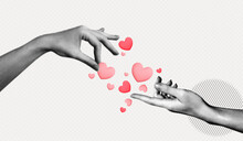 Trendy Halftone Collage Two Female Hand with floating Hearts. Social media emoticon. Happy Valentine and Mother Day. Share love. Contemporary vector illustration art