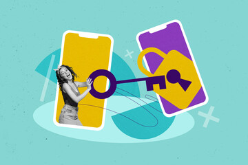 Sticker - Pinup retro creative collage of excited girl using digital app for protecting her cyber information from hackers