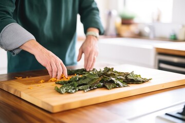 Poster - person preparing kale chips on a board