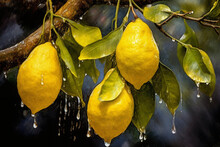 A Branch With Three Lemons Hanging From It And Water Droplets On The Leaves And Branches Of The Tree, Generative Ai