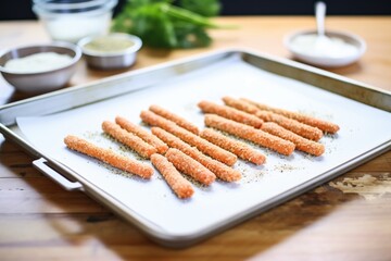 Wall Mural - hand-rolled mozzarella sticks on a baking sheet